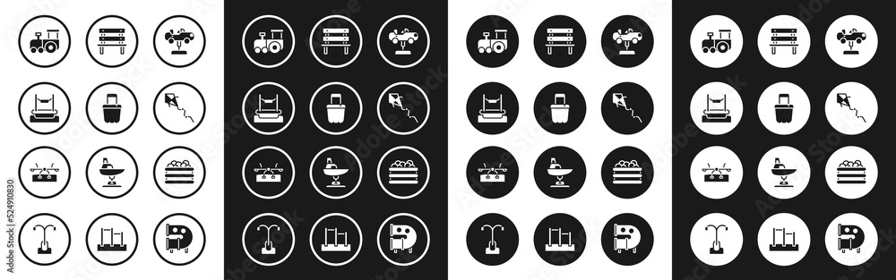 Set Swing car, Sand bucket, Bungee, Toy train, Kite, Bench, Pool with balls and Seesaw icon. Vector Set Swing car, Sand bucket, Bungee, Toy train, Kite, Bench, Pool with balls and Seesaw icon. Vector