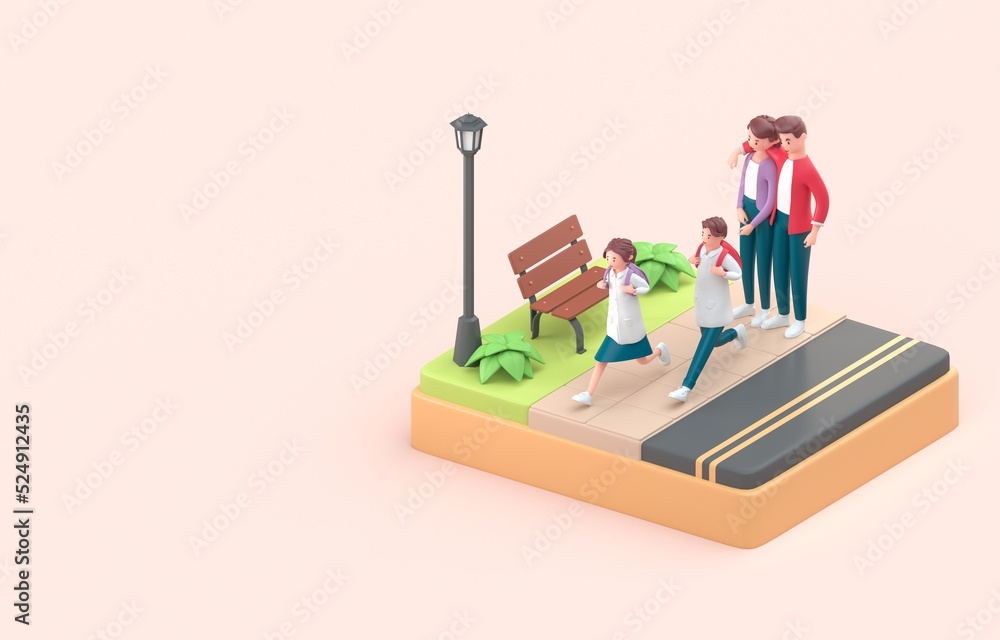 Kids Runing to School. 3D Illustration Kids Runing to School. 3D Illustration