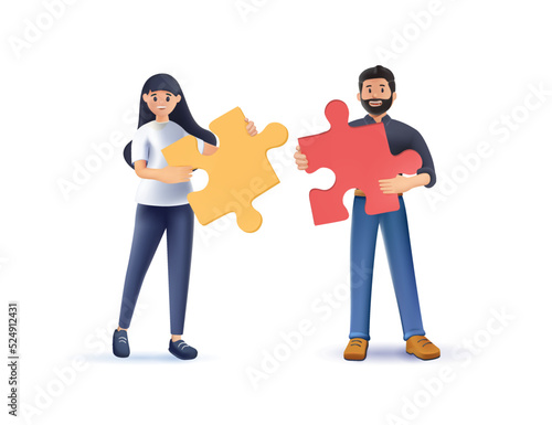 3D character Business illustration vector. Team metaphor, cooperation. People connecting puzzle elements. Vector