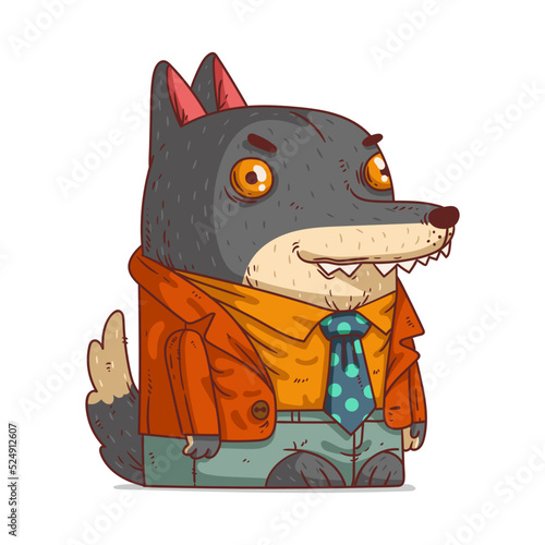 A Stylish Wolf, isolated vector illustration. Funny cartoon picture of an animal wearing a costume. A dog sticker. Simply drawn anthropomorphic wolf on white background. A dressed animal.