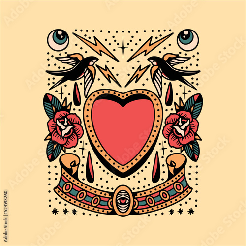 swallow and heart tattoo set vector design