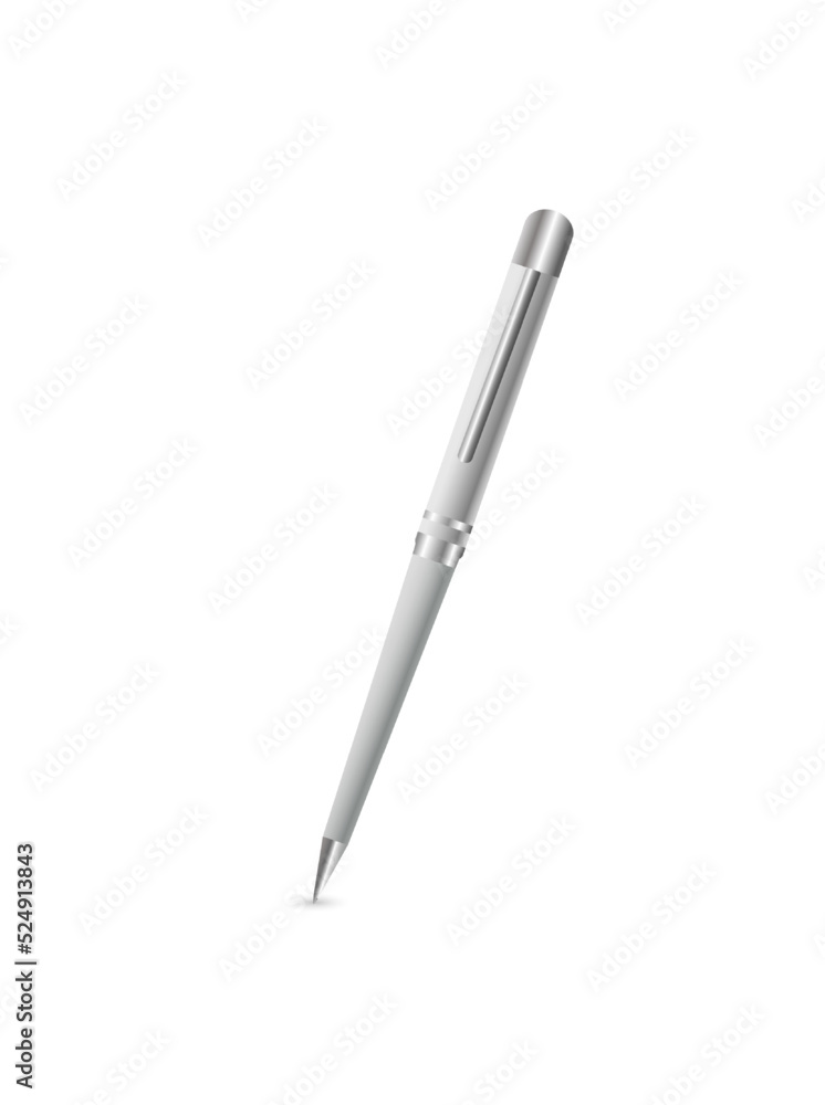 White silver pen on a white background. Luxury writing pen isolate
