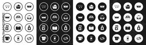 Set Temperature wash, Brush for cleaning, Squeeze clothes, Basin with shirt, soap suds, Bottle agent and Laundry detergent icon. Vector