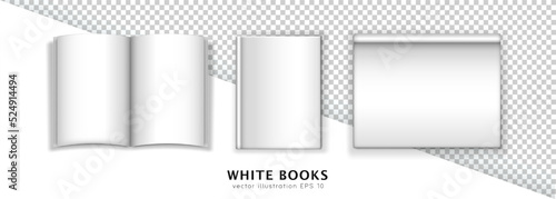Collection of three white paper objects - opened textbook with blank sheets, closed hardcover book in top view and empty sketchbook. 3d realistic template, mockup, layout with copy space.