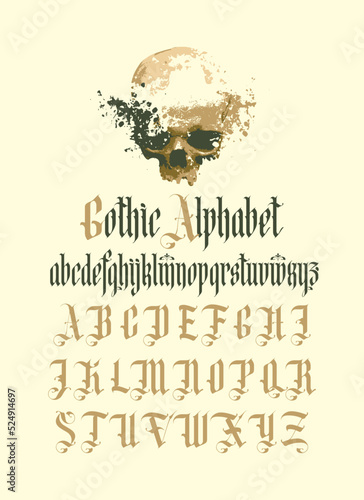 Gothic font. Full set of capital letters of the English alphabet in vintage style. Medieval Latin letters. Vector calligraphy and lettering. Suitable for tattoo, label, headline, poster