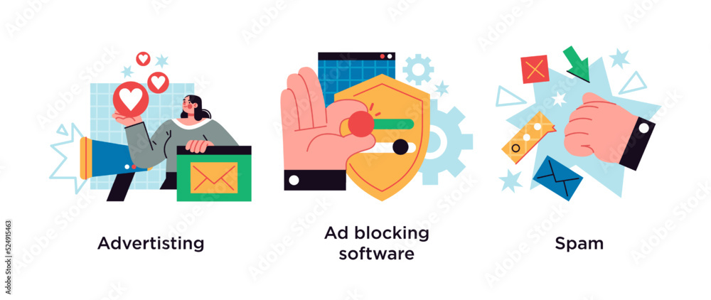 SMM business, annoying online notifications and internet newsletter protection icons set. Advertising, ad blocking software, spam metaphors. SMM business, annoying online notifications and internet newsletter protection icons set. Advertising, ad blocking software, spam metaphors.