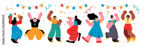 Grand opening ceremony celebration or other big ceremony event concept. Illustrations of excited happy people celebrating an event. Vector
