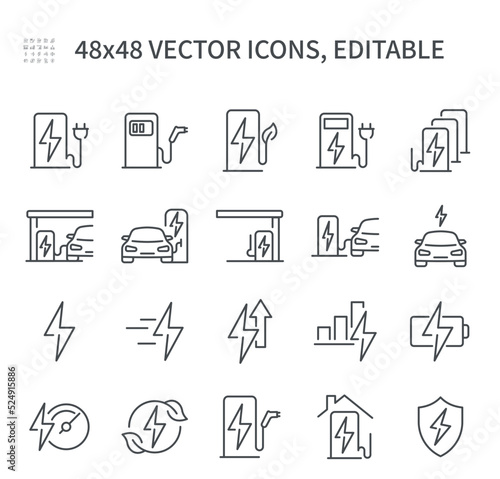  Simple vector line icons. On the topic of car charging, socket, full tank, discharged, charging at home, generator, little charge and much more.