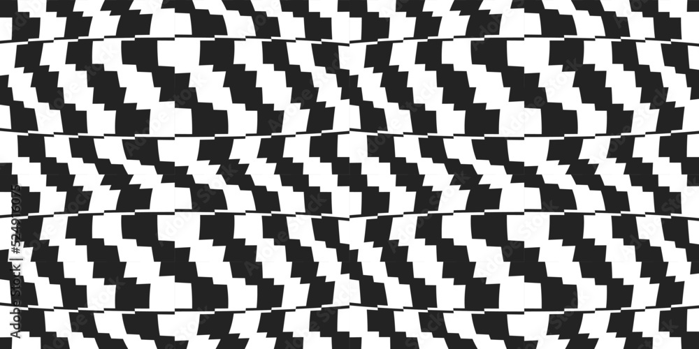 Checkered black and white slightly curly pattern for seamless print. Vector with black and white wavy tiles.