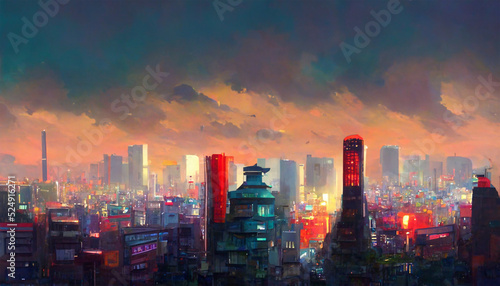 Tokyo Japan Cityscape with Beautiful Sky view painting