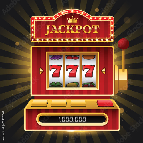 Shiny red slot machine on dark background with Jackpot sign on dark background. Win 777 jackpot. Lucky seven, big win, casino vegas game. Jackpot triple seven. Vector illustration.