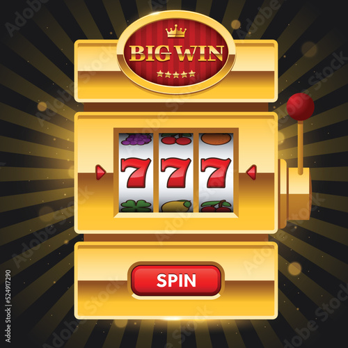 Golden slot machine on dark background with Big Win sign. Win 777 jackpot. Lucky seven, big win, casino vegas game. Jackpot triple seven. Vector illustration.