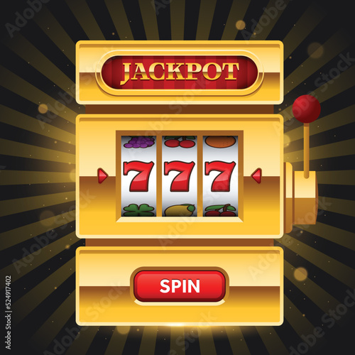 Golden slot machine with Jackpot sign and spin button on dark background. Win 777 jackpot. Lucky seven, big win, casino vegas game. Jackpot triple seven. Vector illustration.
