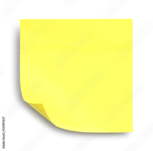 Blank yellow sticky note on white background, top view