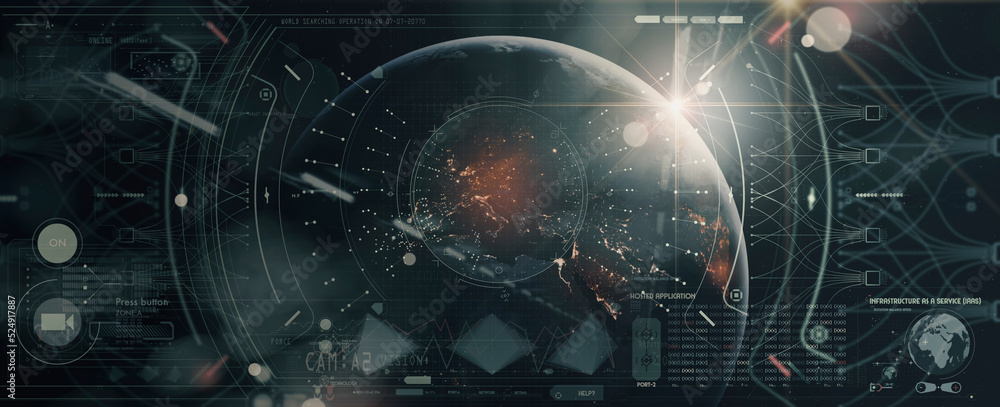 HUD ui futuristic user interface.3d global world map and business data charts. Digital screen of head up display dashboard panel, blue holograms of circular diagram, statistic graphs.