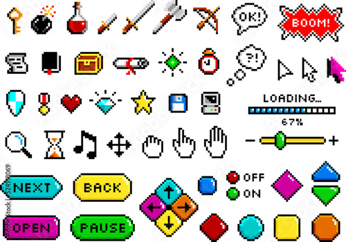 Pixel game elements. Knight sword, loading start pause 8 bit gaming icons. Retro pixels digital art symbols. Isolated cursors, bomb, level heart tidy vector set