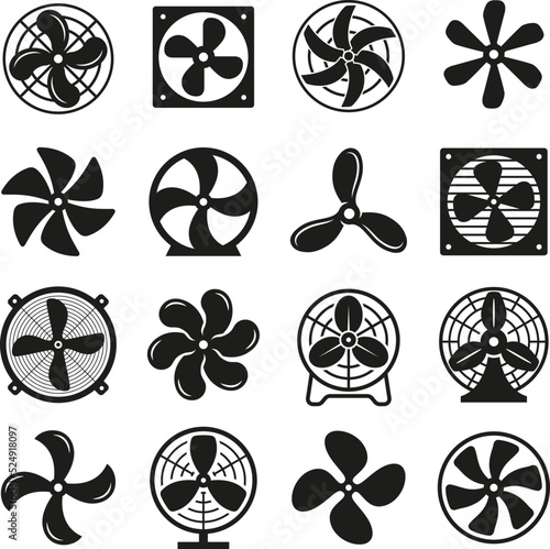 Cooling fan icons. Small fan cold, industrial ventilation icon. Electric blade, computers ventilator hardware or air turbine. Propellers tidy vector symbols