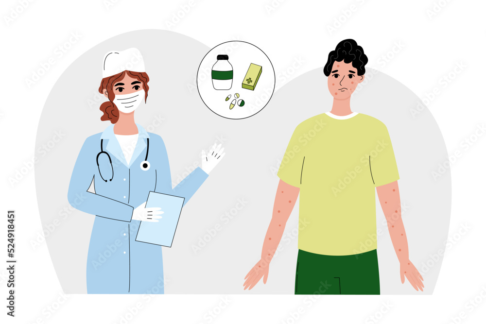 Monkeypox virus infographics doctor patient. A female doctor tells a patient about the treatment of monkeypox virus. Medical concept. Vector illustration in a flat style. Monkeypox virus infographics doctor patient. A female doctor tells a patient about the treatment of monkeypox virus. Medical concept. Vector illustration in a flat style.