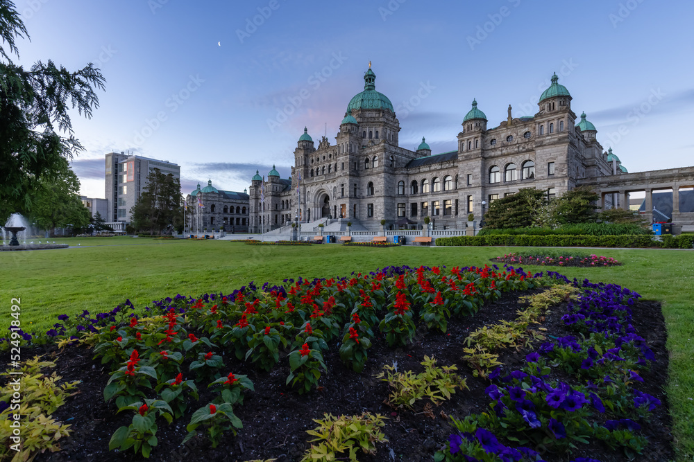 Legislative Assembly of British Columbia in the Capital City during colorful sunrise. Downtown Victoria, Vancouver Island, BC, Canada.