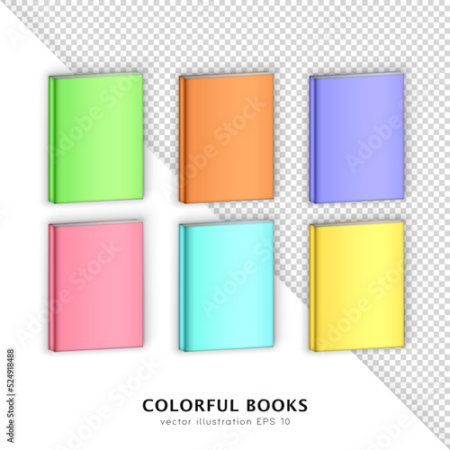 3d green, orange, purple, pink, blue and yellow hardcover books. Set of 6 colorful isometric albums, magazines, textbooks isolated on transparent and white background. Realistic mock up, layout