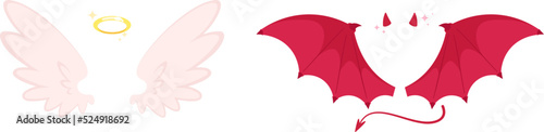 Angel and devil wings. Cartoon costume of bad evil or goodness. Cute white wing with halo, red demonic horns and tail. Isolated flat racy true and false vector elements