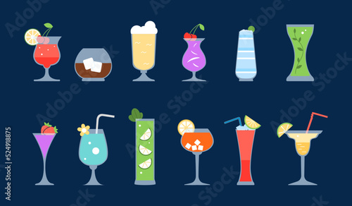 Flat cocktails drinks. Cocktail bellini in glass, summer various pub drink. Refreshing alcoholic beverages in different glasses, vodka juice recent vector set