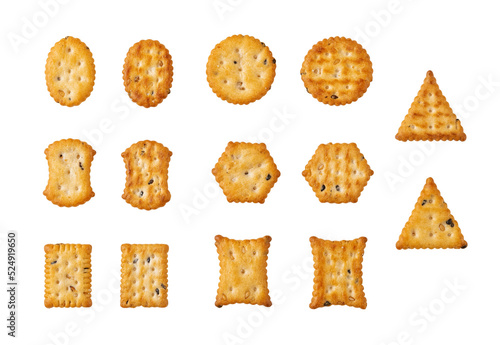 Saltine cracker variety isolated on a white background. Cutout of various shaped sesame cookies. Set of salty crackers with black and white sesame seeds. Ready to eat crunchy snack. Macro. photo