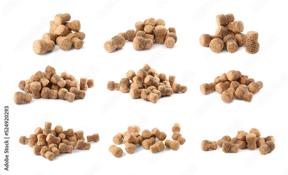 Set with corks of sparkling wine bottles on white background Set with corks of sparkling wine bottles on white background