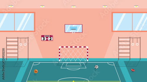 Vector illustration of modern interior school gym. Cartoon interior with swedish wall, balls, goal, basketball stand, game score.