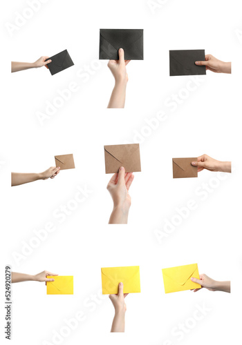 Collage with photos of women holding paper envelope on white background
