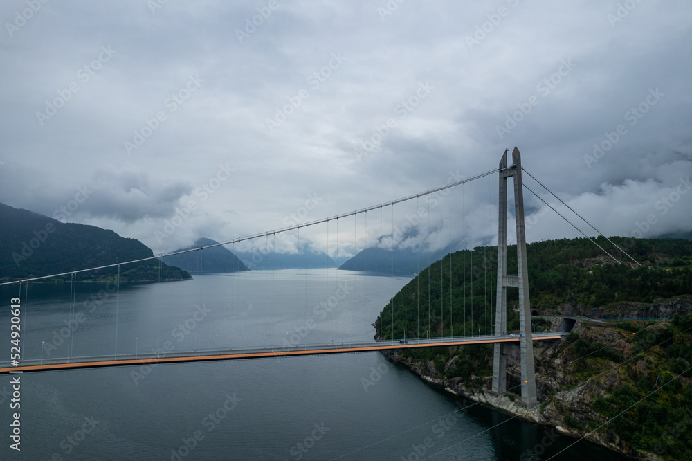 Aerial summer beautiful view of Hardanger Bridge, Norway