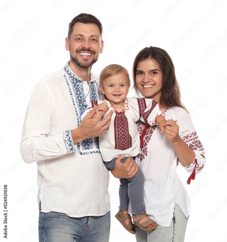 Happy family in Ukrainian national clothes on white background