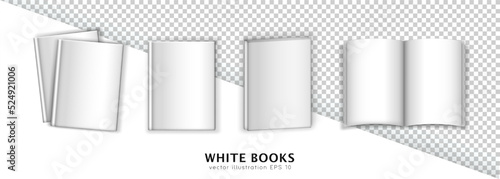 Mockup of four different white books - two textbooks, closed magazine in top and isometric view and opened brochure. Realistic 3d template, layout of diary, encyclopedia on transparent background.