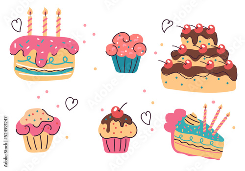 Cake birthday party dessert cupcake bakery isolated set collection. Vector isolated graphic design illustration
