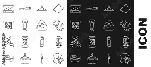 Set line Scissors and leather, Sewing thread on spool, button for clothes, Hanger wardrobe, Zipper, Knitting, Tape measure and chalk icon. Vector