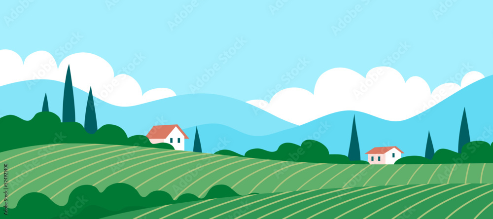 Summer italian landscape of nature. Panorama with green forest, vineyard, cypress, fields, blue sky and lake. Rural scener. Flat vector illustration