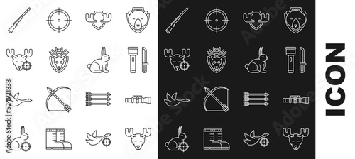 Set line Moose head with horns, Sniper optical sight, Flashlight and knife, on shield, Deer antlers, Hunt moose crosshairs, Hunting gun and Rabbit icon. Vector