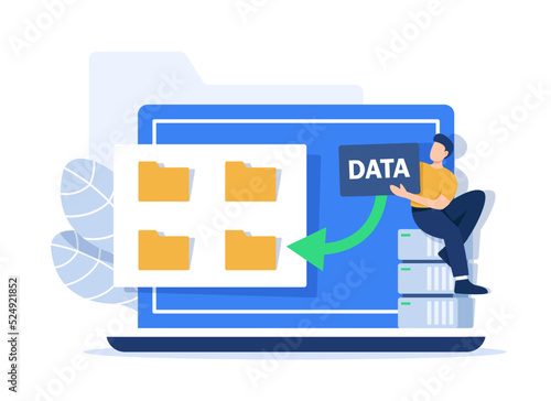 Cloud computing concept in flat style. IT specialists administrate cloud storage scene. Hosting platform, big data processing web banner