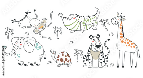 Fototapeta Naklejka Na Ścianę i Meble -  Jungle safari animals characters doodle line art style isolated set collection. Vector isolated graphic design illustration