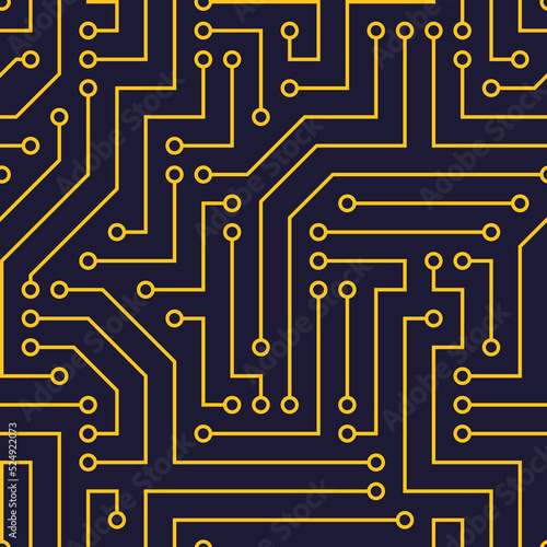 Seamless pattern with chip. Yellow wires, dark blue background. Vector image. Suitable for technical sites and printing.