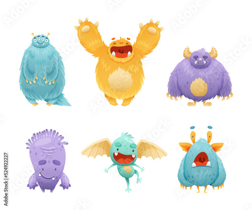 Cute Monster Character as Toothy and Hairy Mutant with Funny Friendly Face and Big Mouth Vector Set