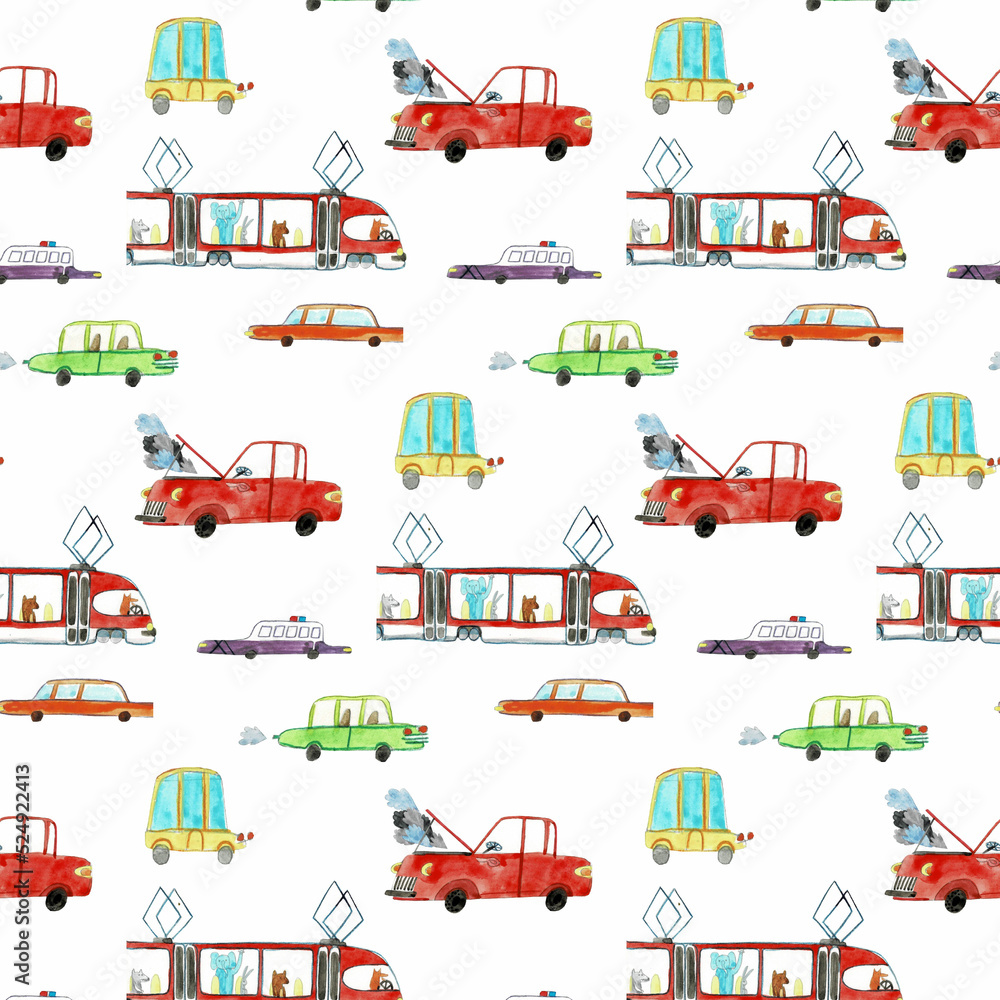 Watercolor pattern with cute cartoon cars. Watercolor pattern with cute cartoon cars.
