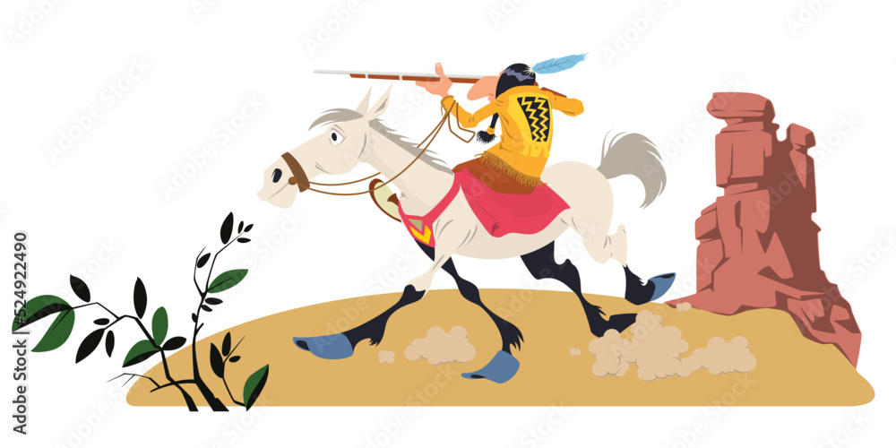 National american indian riding horse with gun. Illustration for internet and mobile website.