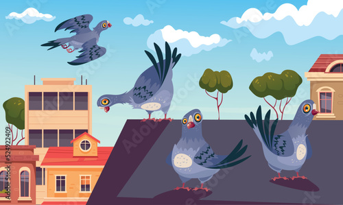 Pigeon fly and nest on city roof. Street urban animal birds concept. Vector isolated graphic design illustration