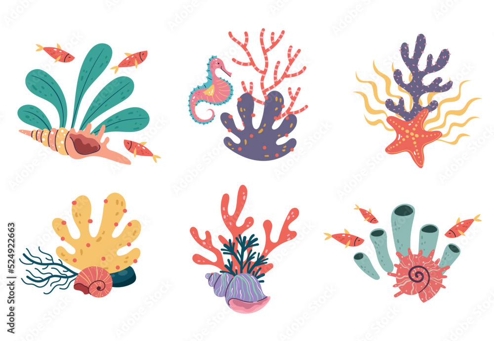 Coral sea plant seaweed ocean tropical nature doodle line art style isolated set collection. Vector isolated graphic design illustration Coral sea plant seaweed ocean tropical nature doodle line art style isolated set collection. Vector isolated graphic design illustration