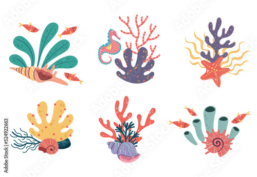 Coral sea plant seaweed ocean tropical nature doodle line art style isolated set collection. Vector isolated graphic design illustration