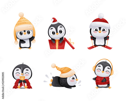 Adorable Penguin in Warm Winter Hat Engaged in Different Activity Vector Set