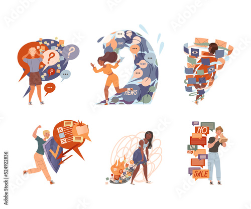 Information Stress with People Character Overload with Propaganda and Internet Social Media Fake News Vector Set