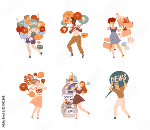 Information Stress with People Character Overload with Propaganda and Internet Social Media Fake News Vector Set