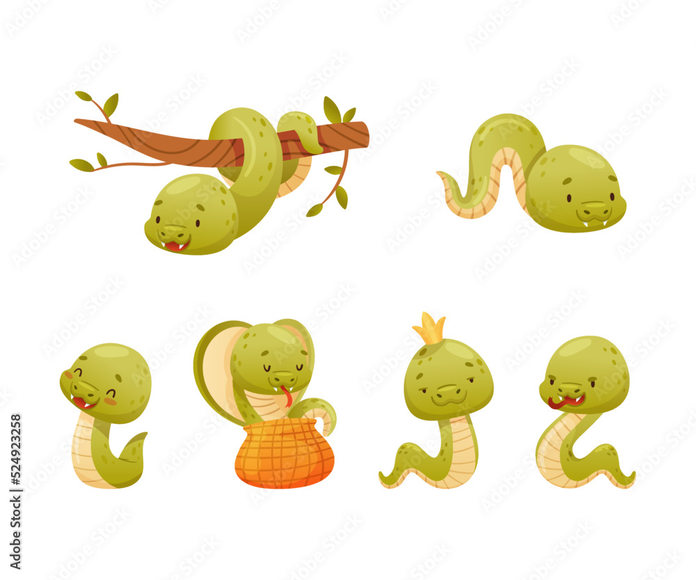 Obraz premium Cute Baby Snake as Crawling Creature Coiled and Slithering on the Ground Vector Set